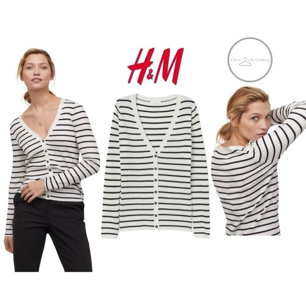 H & M Basics white and black striped v neck button down ribbed cardigan Medium